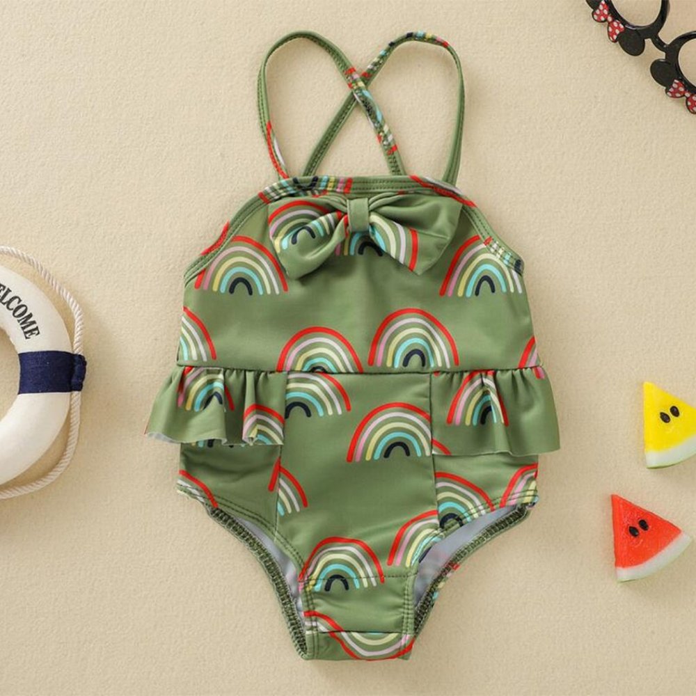 Olive Rainbow Print One-Piece Ruffle Crisscross Back Baby Girl Swimsuit